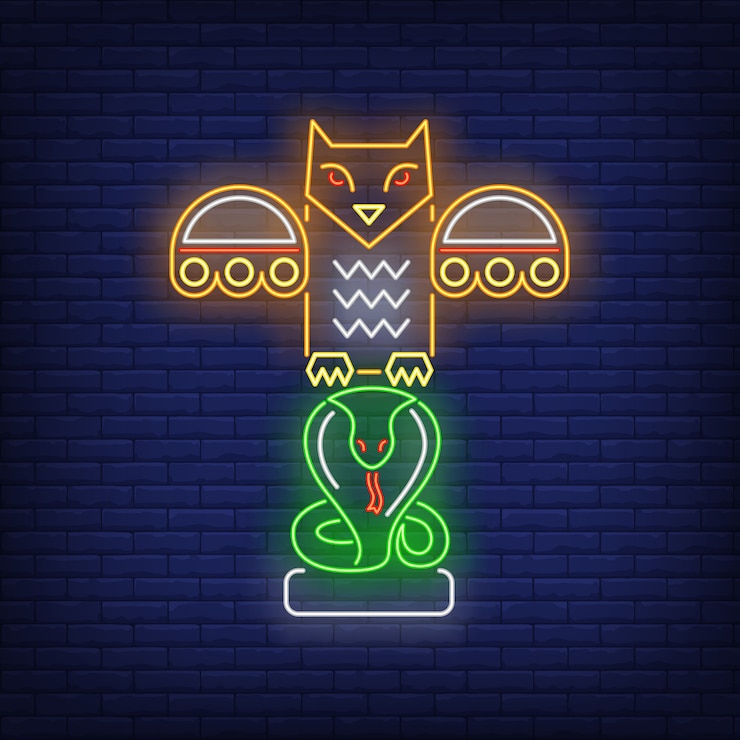 Free Vector totem pole with owl and snake neon sign