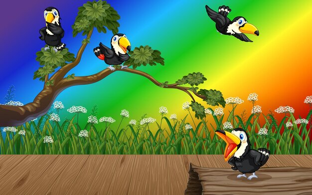 Toucan bird in the forest on gradient rainbow background