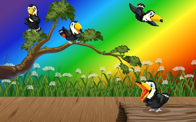 Птица тукан в лесу на фоне градиента радуги