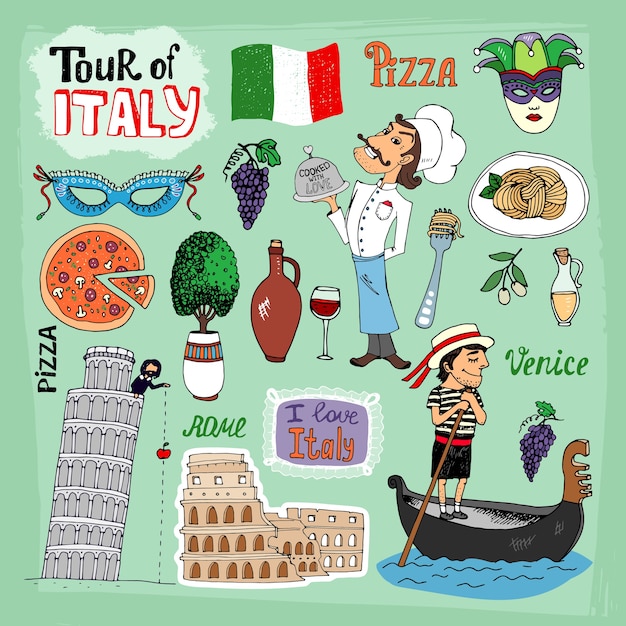 Free vector tour of italy illustration with landmarks