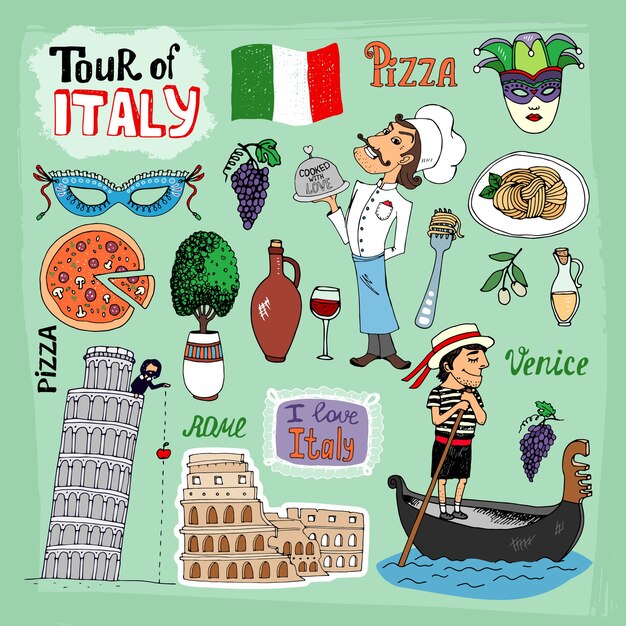 Иллюстрация тур по Италии с достопримечательностями
