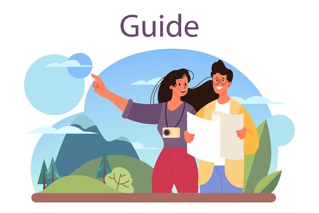 Tour vacation guide concept tourists listening to the history of the city and attractions tour entertainment idea of traveling and learning isolated vector illustration