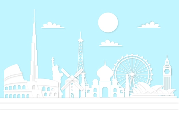 Бесплатное векторное изображение Туристические достопримечательности горизонта в бумажном стиле