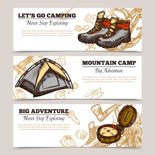 Vettore gratuito turismo campeggio escursionismo banner