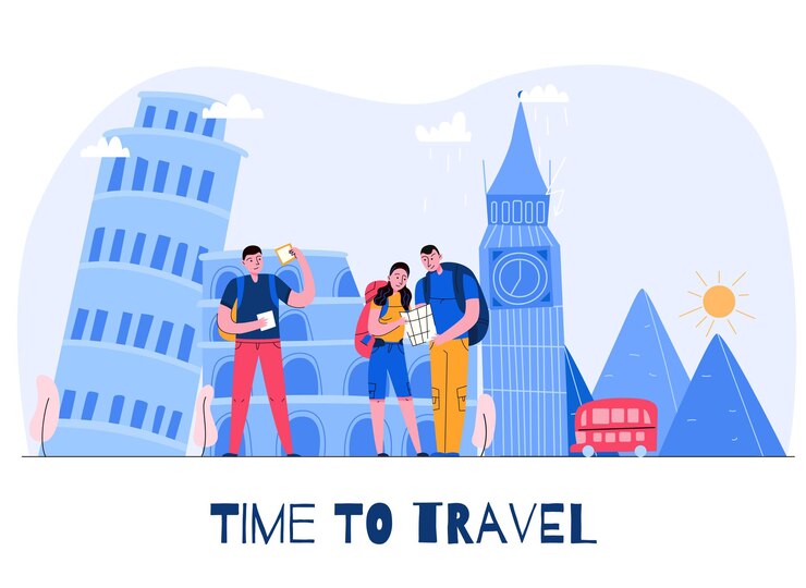 無料Vector 見出しを旅行する時間と休暇のイラストで3人の観光客と観光都市の構成