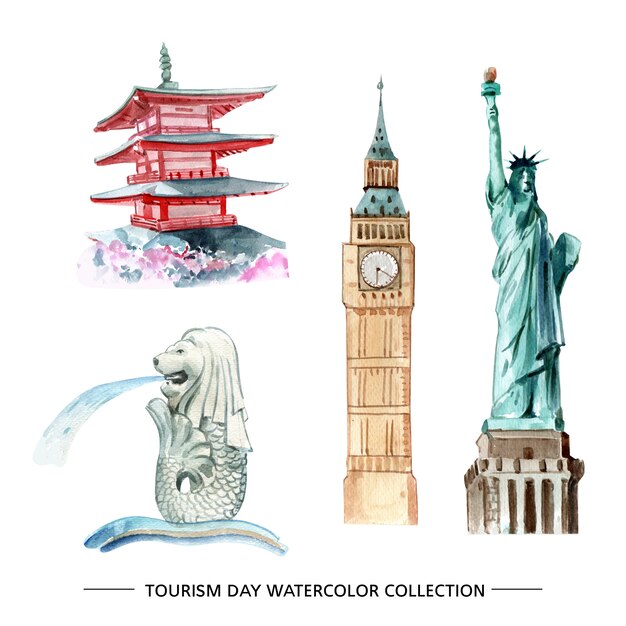 Tourism collection design isolated watercolor illustration