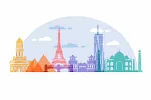 Free vector tourism colorful landmarks skyline