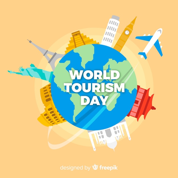 Tourism day background with world and monuments in flat design