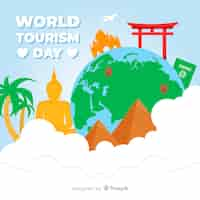 Free vector tourism day background with world and monuments in flat design