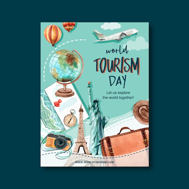 Free vector tourism day flyer design with globe, camera, bag, hat, map