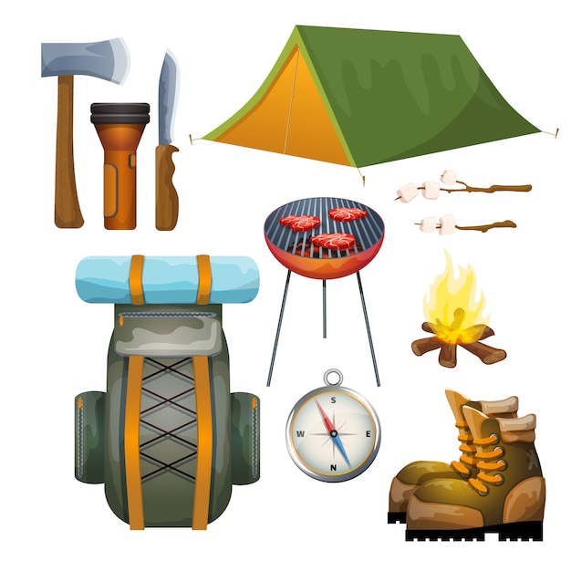 Free vector tourism hiking camping flat pictograms collection