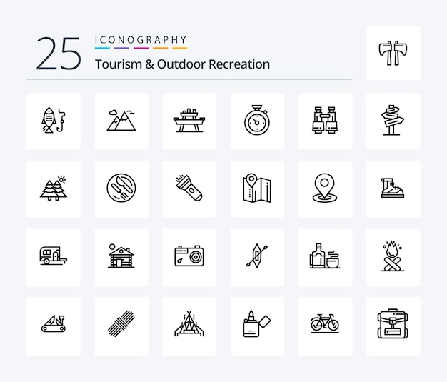 Free vector tourism and outdoor recreation 25 line icon pack including binoculars time bench timer picnic