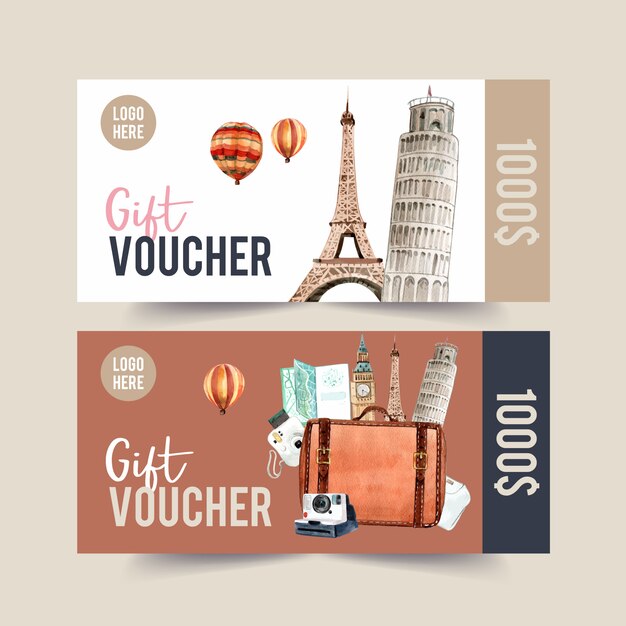 Tourism voucher design with Leaning Tower of Pisa, Eifel Tower.