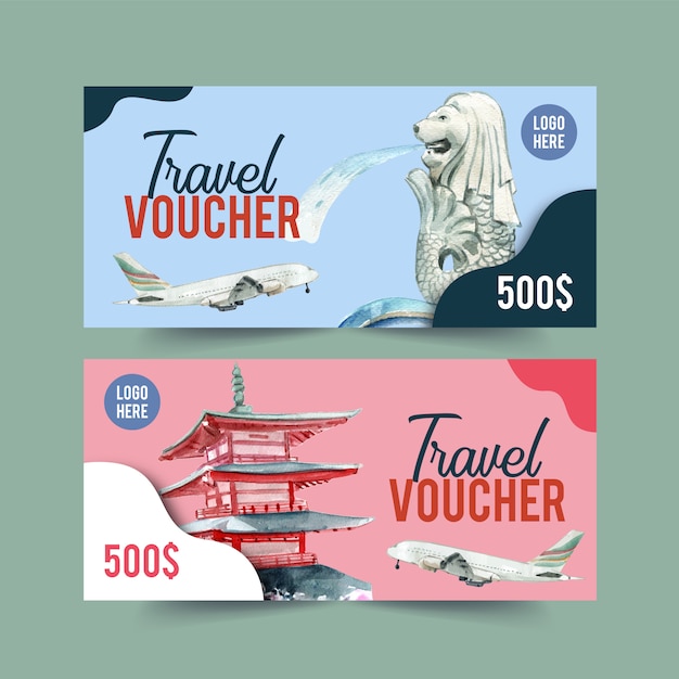 Free vector tourism voucher design with merlion, chureito pagoda, plane.