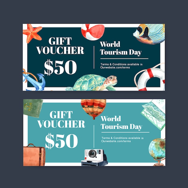 Design voucher turistico con tartaruga, pesce, palloncino, globo, borsa.