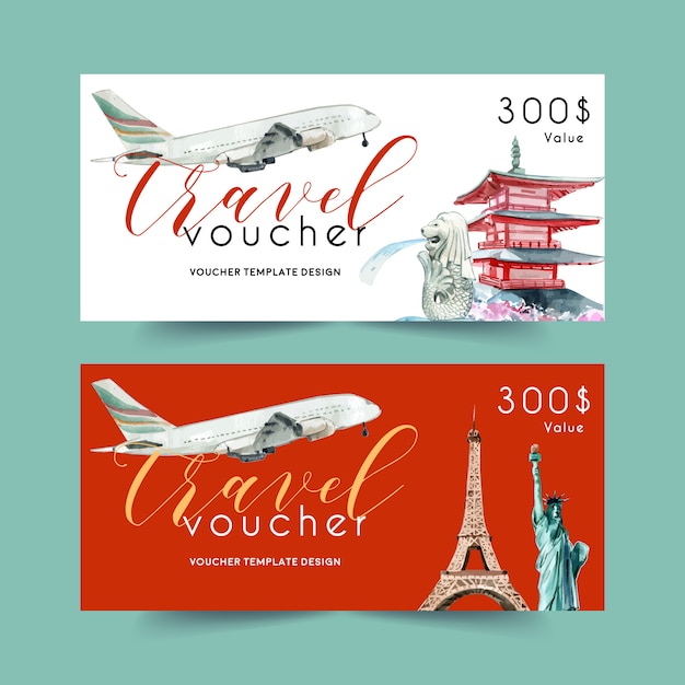 Tourism voucher template design with landmark of japan, singapore, france, new york.