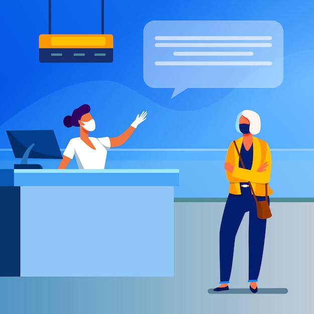 Free vector tourist and airport employee wearing face mask