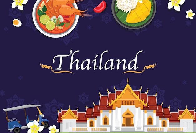 Free vector tourist attractions famous landmarks travel in thailand and tasting thai food on vacation asia travel destinations