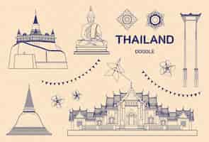 Free vector tourist attractions famous landmarks travel in thailand and tasting thai food on vacation asia travel destinations