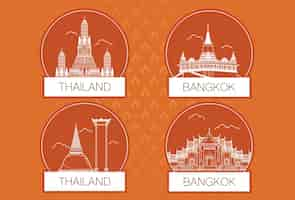 Free vector tourist attractions famous landmarks travel in thailand and tasting thai food on vacation asia travel destinations