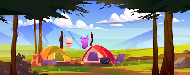 Free vector tourist camping at nature landscape with trees