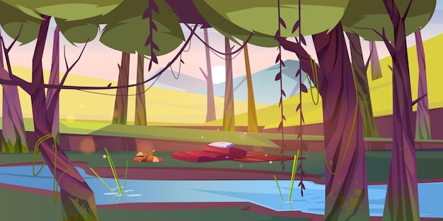 Free vector tourist halt at forest pond, camping place with logs for campfire and traveler stuff sleeping bag, mat and pillow on nature landscape with green trees. scenery summer wood cartoon vector illustration