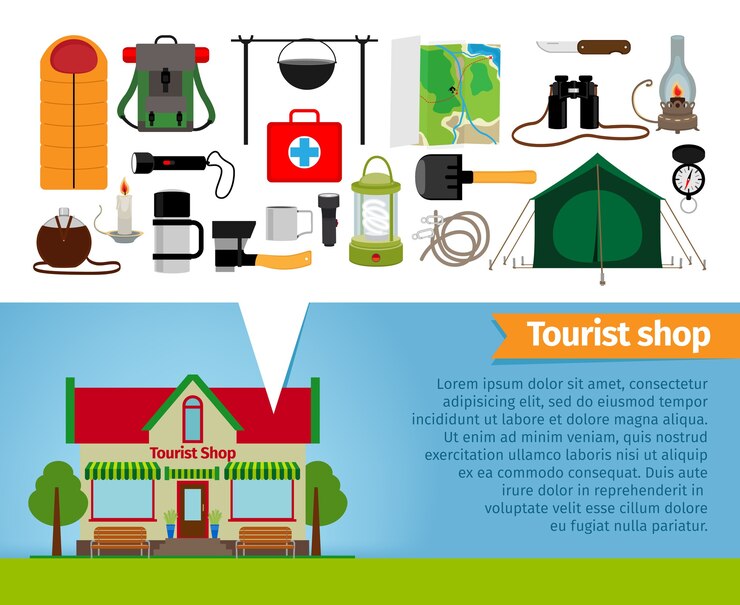 Free Vector tourist shop. tourism equipment and tools for hiking and trekking. items and retail, thermos and sleeping bag, adventure and jar