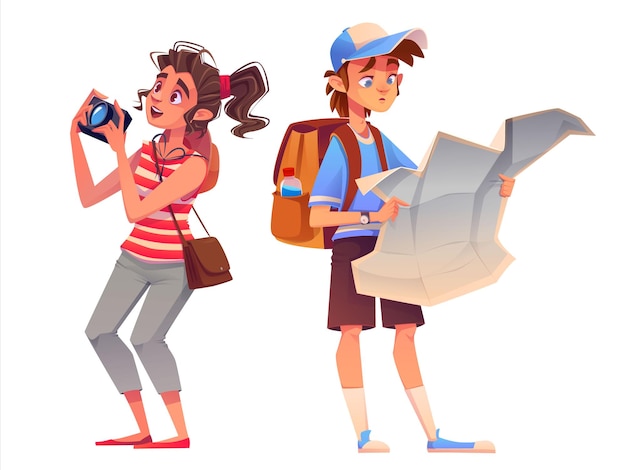Free vector tourist tourist character with backpack map and camera isolated tourism illustration happy woman photographer sightseeing on holiday vacation young man in hat with luggage hitchhiking or trekking
