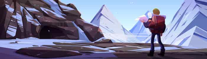 Бесплатное векторное изображение Турист с рюкзаком и картой стоит на скалистом снежном ландшафте в поисках маршрута. путешественник, потерянный в зимних горах, путешествие, исследователь экстремальных походов, векторная иллюстрация мультфильмов