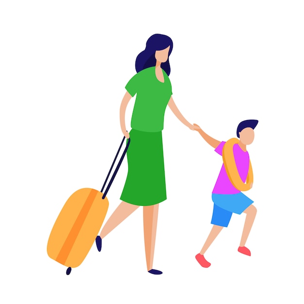 Free vector tourist with kid wheeling suitcases