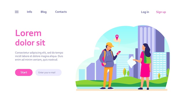 無料ベクター 目的地を尋ねる紙の地図を持つ観光客。セルの位置情報アプリを使用して、男性が女性に道を説明します。ウェブサイトのデザインやランディングウェブページのナビゲーション、旅行のコンセプト