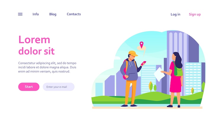 Free Vector tourist with paper map asking destination. man explaining way to woman, using location app on cell. navigation, travel concept for website design or landing web page
