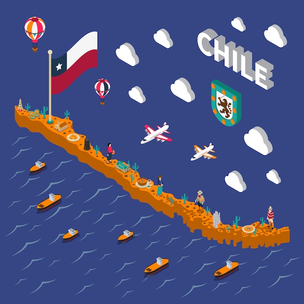 Touristic attractions symbols isometric chile map