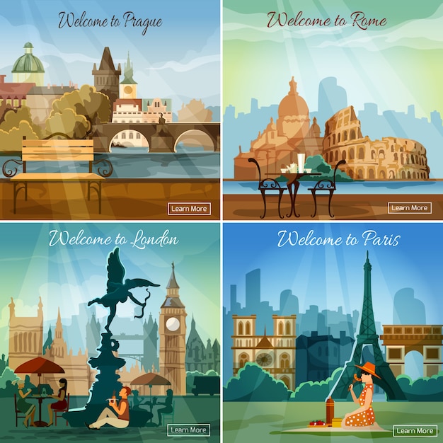 Free vector touristic cities 4 flat icons composition