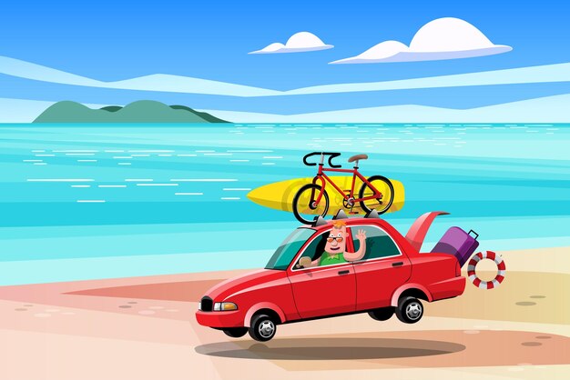 관광객들은 자전거를 실을 수 있는 장비와 자동차에 서핑보드를 싣고 관광명소에서 경치를 감상할 수 있습니다. 평면 벡터 일러스트 레이 션 디자인