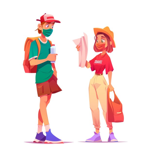 Tourists backpackers in medic masks learning map searching way travelers man and woman hiking adventure during coronavirus pandemic characters travel choosing route cartoon  illustration