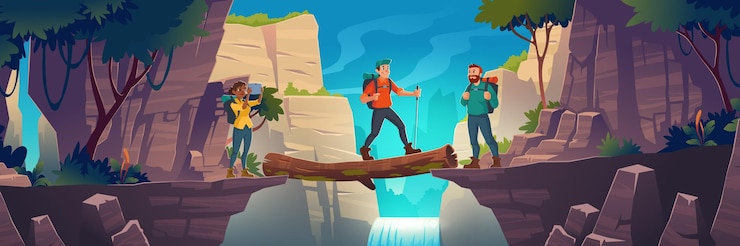 Free Vector tourists cross log bridge between mountains above cliff in rock peaks landscape with waterfall and trees . girl make picture of beautiful scenery nature view.
