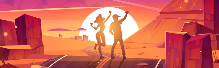 Free Vector tourists enjoy sunset, man and woman silhouettes
