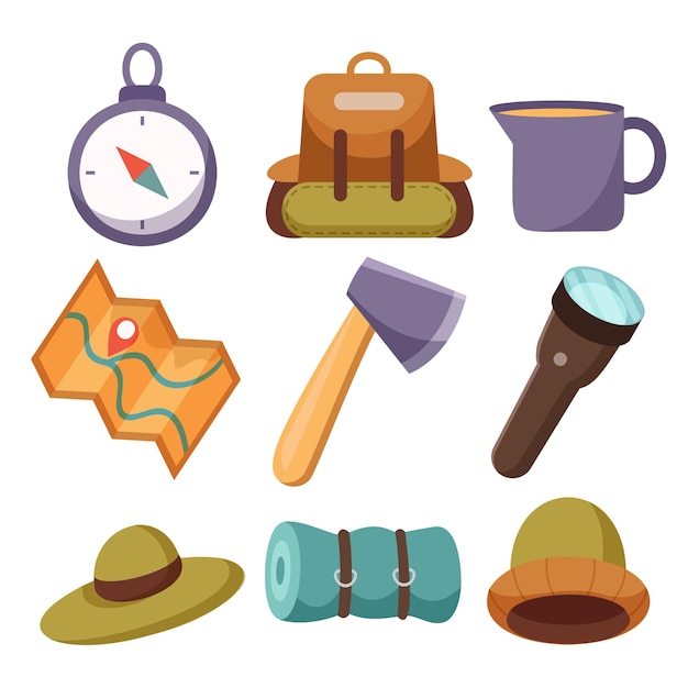 Tourists equipment and travel accessories vector set Forest camping and hiking flat elements Equipment for hiking outdoor adventure camp and backpack illustration