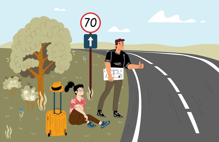 मुफ़्त वेक्टर tourists hitchhikers on car road