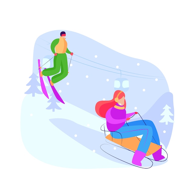 Туристы катаются на санках и катаются на горных лыжах