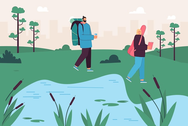 Vettore gratuito turisti che passeggiano lungo il lago o fanno trekking. uomo e donna con biglietti e mappa piatta illustrazione vettoriale. campeggio, attività all'aperto, concetto di natura per banner, progettazione di siti web o pagine web di destinazione