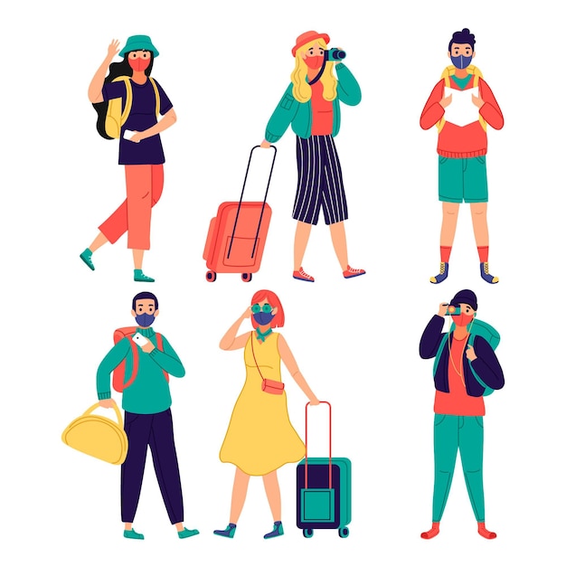 Free vector tourists wearing face masks theme