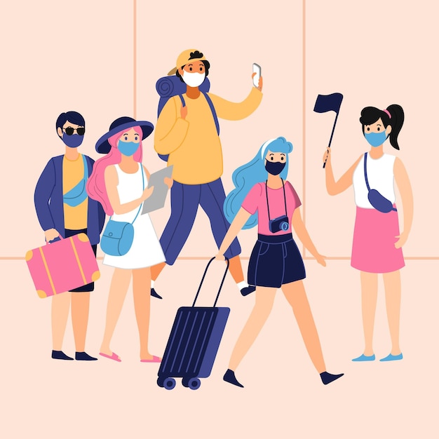 Free vector tourists wearing face masks