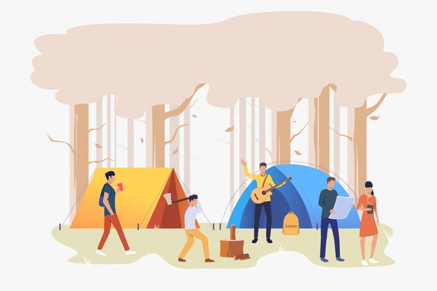 Туристы с палатками на иллюстрации кемпинга
