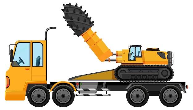 Tow truck carrying construction car isolated on white