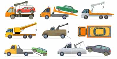 Free vector tow truck set. heavy carrier with crane towing broken cars isolated on white background. flat illustration