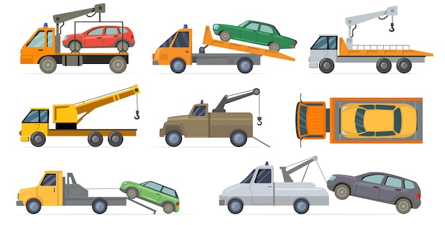 Tow truck set. Heavy carrier with crane towing broken cars isolated on white background. Flat Illustration