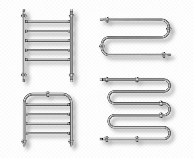 Towel rails for home bathroom and toilet room dryer with steel pipes chrome radiators isolated realistic set of d metal towel heaters hanging