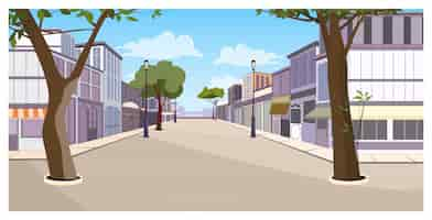 Free vector town street with buildings, trees and empty pavement